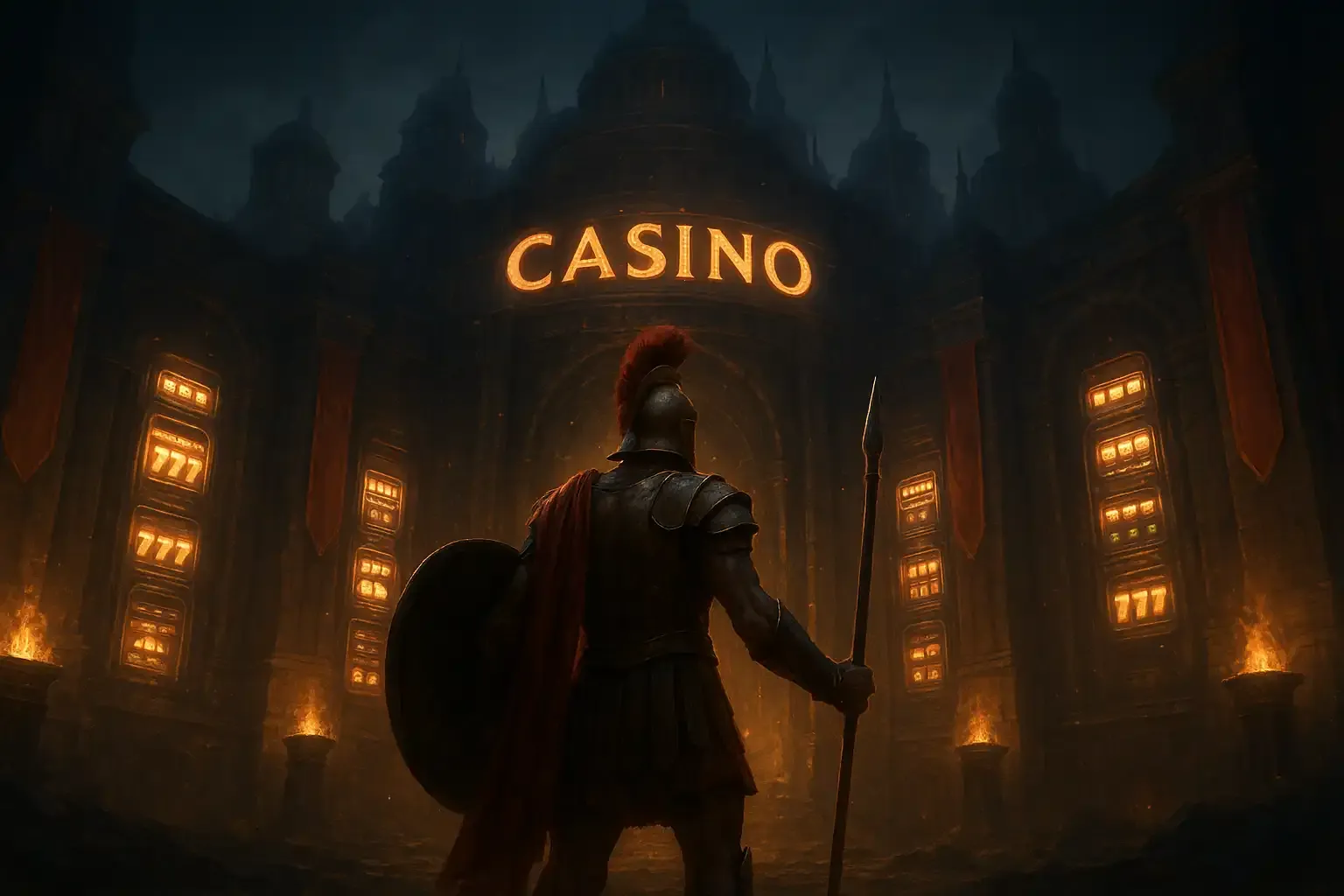Spartan warrior standing before a glowing casino citadel with bronze armour and torchlight